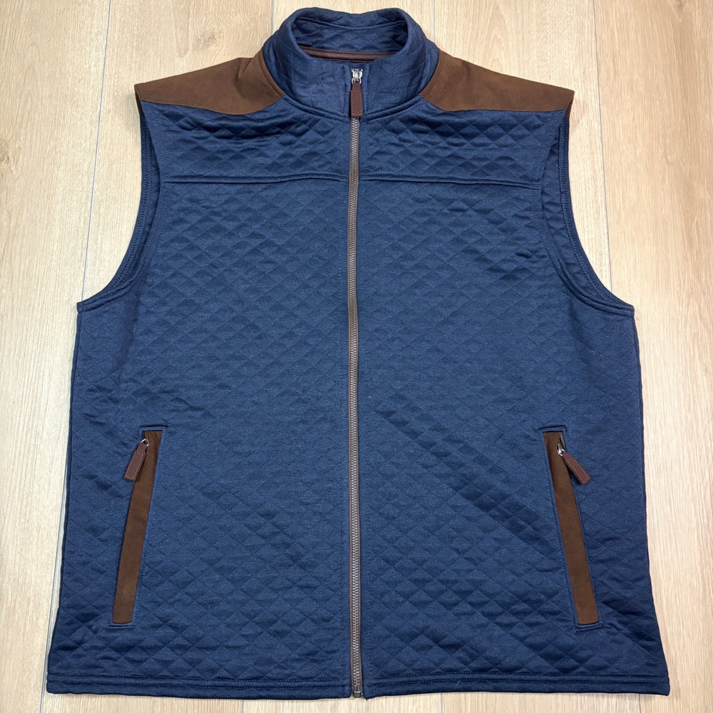 Cremieux Classics Mens Quilted Vest Navy Blue Brown Suede Trim Full Zip Large